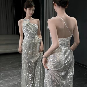 Silvery Sequins Evening Dresses Side Split Mermaid One Shoulder Formal Occasion Woman Birthday Cocktail Celebrity Gowns Dance