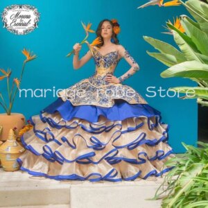 Illusion Long Sleeve Ruffles Charro Quinceanera Dresses Royal Blue Champagne Embroidery Corset vestido 15 quinceañeras customsiz
