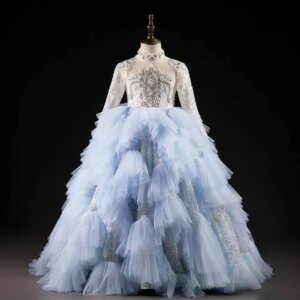 Jill Wish Luxury Blue Dubai Girl Dress Beaded Pearls Arabic Princess Kids Wedding Birthday Party Long Ball Gown 2025 J381