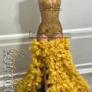 Glitter Sequin Beaded Mermaid Prom Dress For Black Girls See Through Neck Evening Gowns Sexy Pruffy Customized Robes De Soiree