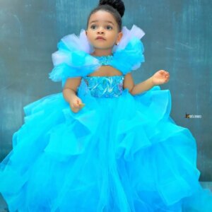 EVLAST Customized Sky Blue Flower Girl Dress Ball Gown Tulle Ruffles Appliqued Little Girl Party Peageant Birthday Gowns FD04