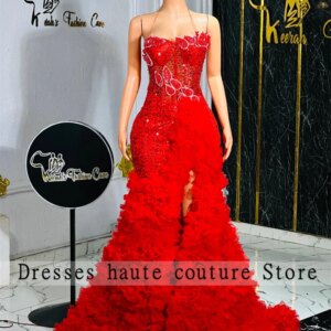 Aso Ebi Red Beaded Lead Halter Evening Dresses 2025 Ruffles Side Slit Mermaid Prom Dress Birthday Party Dress Customized