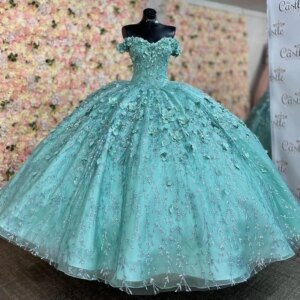 Aqua Blue Shiny Quinceanera Sweet 16 Dresses Lace Applique 3D Flower Off Shoulder Lace-up Prom Ball Gowns Vestido De 15 Anos