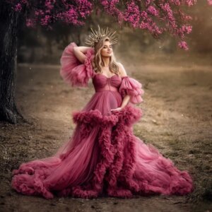 Fuchsia Maternity Dress for Photoshoot Sweetheart Ruffles Evening Gown Tiered Sleevless Pregnant Babyshower Robes Customized
