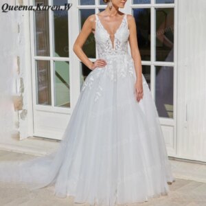 Elegant Boho A line Wedding Dress V neck lace applique bride dress robe de mariee A line Wedding Bridal Gown