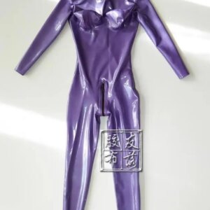 Pearl purple women Latex catsuit Wave collar back zip latex unitard custom made