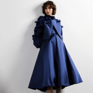 Customized Modern Style High collar A-line Flowers Appliques Ankle-Length Satin Bespoke Occasion Dresses Evening