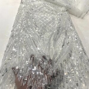 Luxury African Sequins Beaded Lace Fabric 2025 High Quality Lace 5 Yards French Lace Fabric Nigerian Lace Fabrics Party FJ
