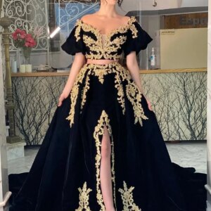 Velvet Evening Dress Split Design V-Neck Prom Dress Short Sleeves Gold Lace Sequin Saudi Arabia Muslim Party Dress Customized