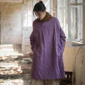 Winter Cotton and Linen Women’s New Ramie Tie-Dyed Texture Mid-Length Quilted Thickened Robe Coat Cotton-Padded