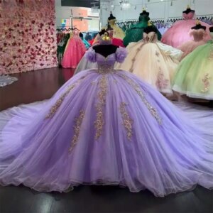 Customized Lilac Tulle Flowers Princess Flower Quinceanera Dresses 2025 Beads Off Shoulder Sweet 16 Dress Vestido De 15 Años