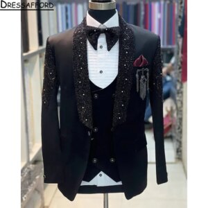 Black Groom Wear Diamonds Beading Formal Men Suits 2 Piece Jacket And Pants Sets Smart Casual Business Blazer