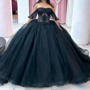 Customized Glittering Black Quinceanera Dresses Beading Pearls Lace Vestidos De 15 Anos Birthday Party Ball Gown Elegant