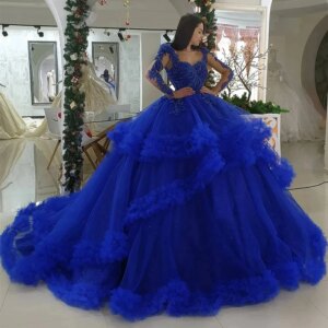 Lorencia Luxury Royal Blue Quinceanera Dress Princess Ball Gown Crystal Beads Long Sleeve Saudi Arabic Gilr Birthday Gown YQD423
