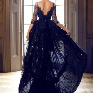 2025 Black Lace High Low Prom Dresses Sexy 3/4 Sleeves Sequin Off Shoulder Deep V Neck Backless Evening Dresses