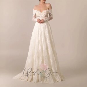 LRosella Lace Applique Long Sleeves Off The Shoulder Zipper Backless 2025 Bridal Gown Customized Ball Gown Wedding Dresses