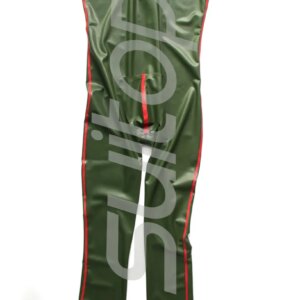 New hot sell latex catsuit in army green and red rubber with back zip sleeveless codpieces