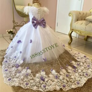 CustomizedCharming Puffy Gowns with Sequined Full Sleeve Flower Girls Dresses Soft Tulle Cute فلور فتاة اللباس Zipper Birthday P