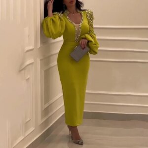 Customized Elegant Mermaid Prom Gowns Women’s V-Neck beading Long Sleeve Party Evening Gown Ankle Length Straight Party Dresses