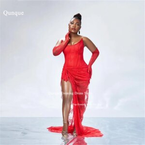 Qunque Sexy Lace Evening Dresses Red High Slit Mini Mermaid Birthday Dresses Luxury Corset Customized Party Dresses Plus Size