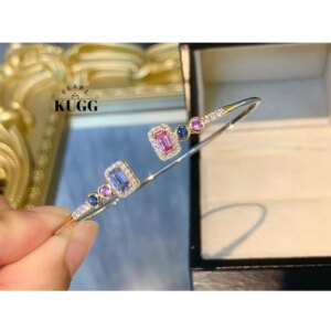 KUGG 100% 18K White+Yellow Gold Bangle Fashion INS Style Luxury Diamond Natural Color Sapphire Bangle for Women High Jewelry