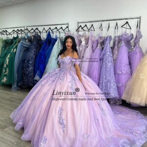 Princess Appliques Lace Quinceanera Dress With 3D Flower Birthday Mexican Off Shoulder Sweet 16 Ball Gown Vestidos De 15 Años