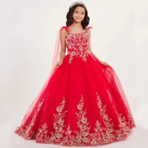 Tulle Red Gold Flory Appliques With Bow Shoulder Sleeveless For WeddingBirthday Party Banquet Princess Gown Flower Girl Dresses