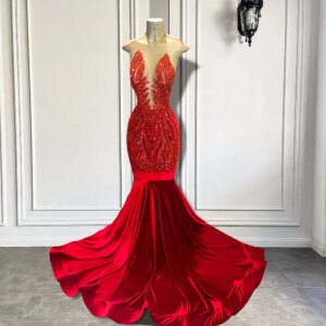 Sexy Mermaid Style Sheer O-neck Luxury Sparkly Diamond Red Velvet Black Girls Long Prom Dresses 2025