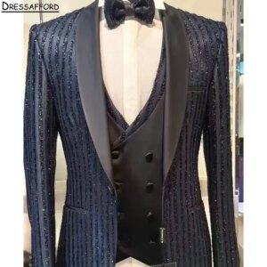 Dark Navy Stripe Beading Men Business Formal Occasion Tuxedos Grooms Wedding Party Prom Male Suit 3 Piece Set Blazer Vest Pants