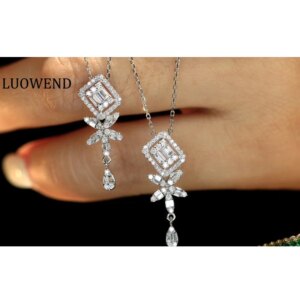 LUOWEND 100% 18K White Gold Necklace Women 0.36carat Real Natural Diamond Pendant Necklace Romantic Style Engagement Jewelry