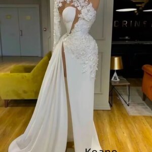 White Ivory Mermaid One Shoulder Slit Evening Dress vestido de festa Islamic Dubai Kaftan Saudi Arabic Evening Prom Dress