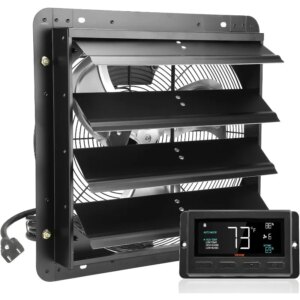 16” Shutter Exhaust Fan, Temperature and Humidity Controls, 18.9 x 18.9 inch, 2650 CFM, ETL Listed, 120V/60Hz, 70W, Black