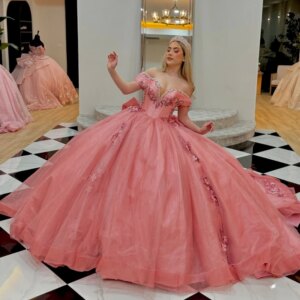 Pink Shiny Ball Gown Quinceanera Dresses 2025 Applique Lace Beads Crystal Bow Tull Sweet 16 Dress Formal Party Vestidos 15 De XV