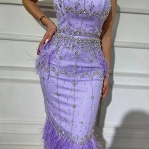 Modern Square Neck Feathers Evening Dress Dubai Ankle-length Bride Robe Women Crystals Customized Prom Dresses Vestidos De Novia