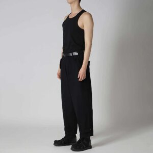 YOJI OOAK Straight Tube Design Pocket Black Pants with Wool Blended Elastic Waist Loop at the Bottom, Casual Pants