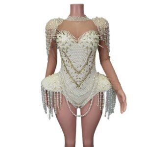 Sexy White Pearls Tassel Stage Performance Jumpsuit Dance wear Women Rhinestone Bodysuits diamond big size rivet bodycon rompers
