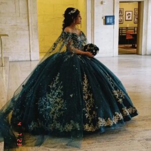 Lorencia Emerald Green Shiny Quinceanera Dress Ball Gown Lace Appliques With Cap Princess Sweet 16 Vestidos De XV Anos YQD387