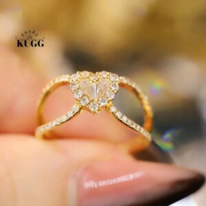 KUGG 100% 18K Yellow Gold Rings Romantic Heart Design 0.60carat Real Natural Diamond Engagement Ring for Women High Jewelry