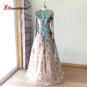 Elegant Muslim Sequin Evening Dress for Women 2025 O Neck Long Sleeves A-Line Sparkle Formal Prom Wedding Party Gown Customized