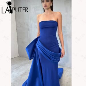 Royal Blue Crepe Mermaid Evening Dress with Satin Extra Ribbon Strapless neck Elegant Party Celebrity Dress