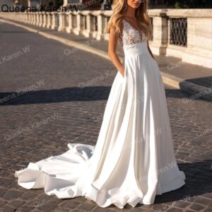 Elegant A line Wedding Dress V neck lace applique satin bride dress robe de mariee A line Wedding Bridal Gown