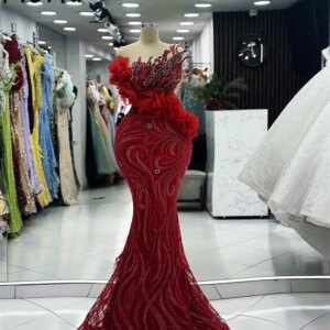 Bright Red 3D Appliques Mermaid Evening Dress Beaded Ruffles vestidos de ocasión formales Wedding Party Dress mariage luxe 2024
