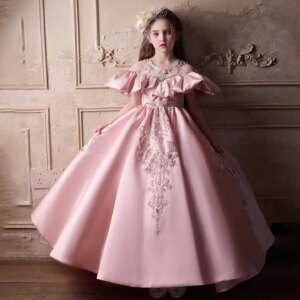 Jill Wish Luxury Satin Pink Flower Girl Dress Off Shoulder Lace for Kids Princess Wedding Pageant Birthday Party Ball Gowns J255