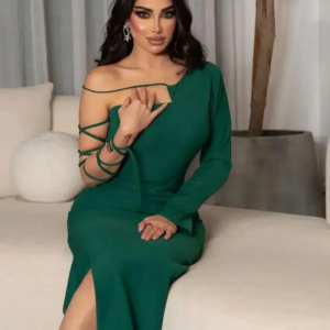 Little Daisy CustomizedSatin  Shoulder Sleeveless Prom Dresses Pleated Side Split Floor Length Party Dresses Back Zipper Eveni