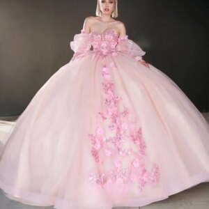 Customized Pink Off Shoulder Quinceanera Dress Tull 3D flower sequin applique Lace Long tail vestidos de 15 Quinceanera