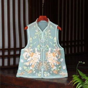 New Chinese silk organza vest heavy embroidery round neck blouse