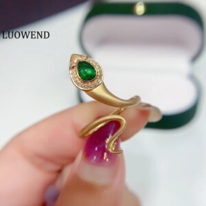 LUOWEND 100% 18K Yellow Gold Rings Shiny Diamond Natural Swat Emerald Open Ring for Women Fashion Snake Shape High Party Jewelry