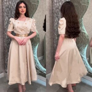 Customized High Quality Exquisite Satin Beading Sashes Cocktail Party A-line Square Neck Bespoke Occasion Gown Midi Dresses