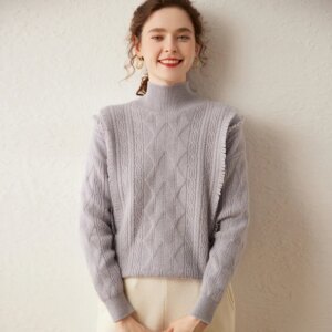 Seven-Pin Double-Strand Thickened Tassel Half Turtleneck Sweater Women’s Knitted Thick Base Twisted Pullover Long Sleeve
