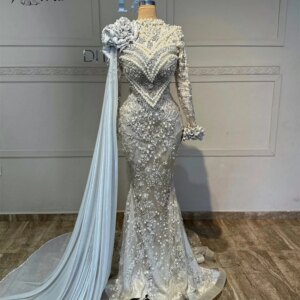Elegant Full Pearls Beaded Mermaid Evening Dresses Dubai Arabic Crystal Removable Cape Prom Dress Robe De Soiree Wedding Party
